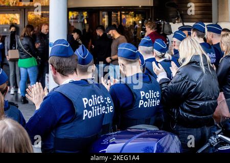 Illustration shows  a guard of honnor for the police officer injured in a stabbing attack last Thursday, as he is leaving hospital, UZ Jette, Saturday 12 November 2022. BELGA PHOTO HATIM KAGHAT Stock Photo