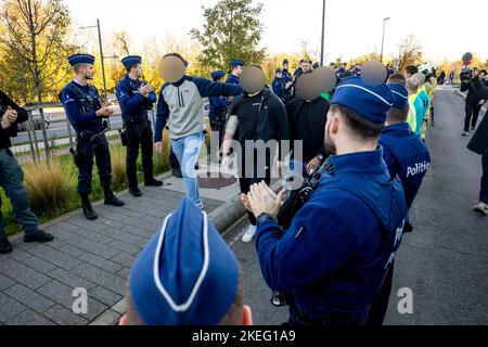 Illustration shows  a guard of honnor for the police officer injured in a stabbing attack last Thursday, as he is leaving hospital, UZ Jette, Saturday 12 November 2022. BELGA PHOTO HATIM KAGHAT Stock Photo