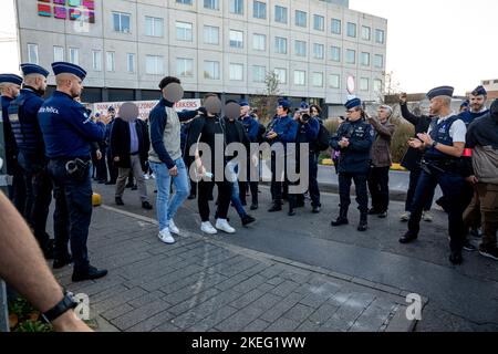 Illustration shows  a guard of honnor for the police officer injured in a stabbing attack last Thursday, as he is leaving hospital, UZ Jette, Saturday 12 November 2022. BELGA PHOTO HATIM KAGHAT Stock Photo