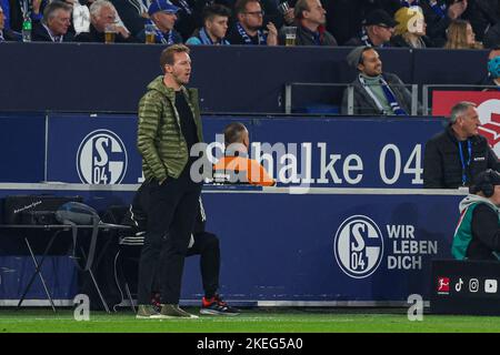 GELSENKIRCHEN, GERMANY - NOVEMBER 12: head coach Julian Nagelsmann of Bayern Munchen during the German Bundesliga match between FC Schalke 04 and Bayern Munchen at Veltins Arena on November 12, 2022 in Gelsenkirchen, Germany (Photo by Marcel ter Bals/Orange Pictures) Stock Photo