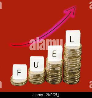 Arrangement of four stacks of one pound coins with captilal letters spelling the word FUEL on top of the stacks. Illustrating the rise in the cost of Stock Photo
