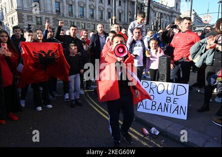 London, UK. 12th Nov, 2022. Thousands of Albanians are protesting in London against the discriminatory and xenophobic statements of British Home Secretary Suella Braverman, who described Albanians living in UK as criminals bloakade the Westminster. For over 30 years, the U.K. government and media have lied and propagandized against another race, another culture and another nation. The Albanians say the Government of the United Kingdom discredits them more than any other race. They ask, Why did they get singled out? London, UK. - 12 November 2022. Credit: See Li/Picture Capital/Alamy Live News Stock Photo