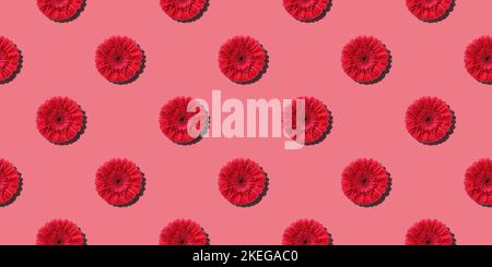 Gerbera daisies seamless pattern.  Endless background with red flowers. Flat lay floral composition Stock Photo