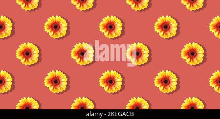 Gerbera daisies seamless pattern. Yellow flowers on red background.  Flat lay floral composition Stock Photo
