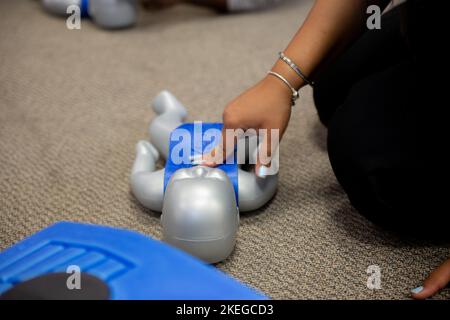 A woman performing first aid training Stock Photo