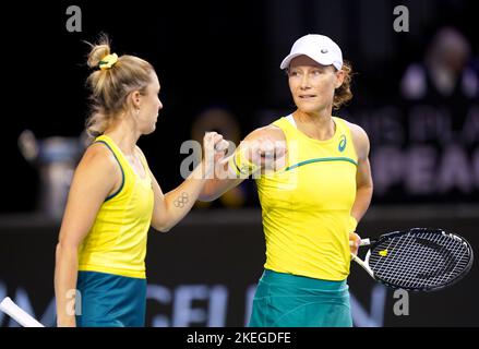 Australia's Samantha Stosur (right) and Storm Sanders fist bump during the Billie Jean King Cup semi-final match against Great Britain's Alicia Barnett and Olivia Nicholls at the Emirates Arena, Glasgow. Issue date: Saturday November 12, 2022. Stock Photo