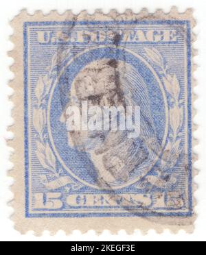 USA - 1909: An 15 cents pale ultramarine postage stamp depicting portrait of George Washington. American military officer, statesman, and Founding Father who served as the first president of the United States from 1789 to 1797. Appointed by the Continental Congress as commander of the Continental Army, Washington led the Patriot forces to victory in the American Revolutionary War and served as the president of the Constitutional Convention of 1787, which created the Constitution of the United States and the American federal government. Washington has been called the 'Father of his Country' Stock Photo