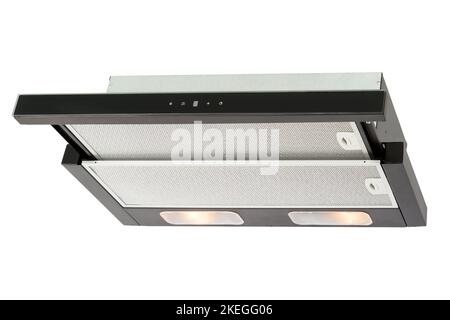 Cooker hood isolated on white background. Black gray extractor hood with digital touch control. Metal range hood fan with lamps close-up. Detail of ki Stock Photo