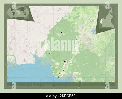 Sud-Ouest, region of Cameroon. Open Street Map. Locations of major cities of the region. Corner auxiliary location maps Stock Photo