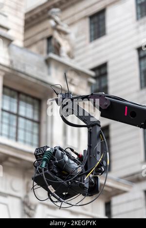 TV camera for BBC coverage of the Lord Mayor's Show parade in City of London, UK. Timeline TV camera on a crane boom arm Stock Photo