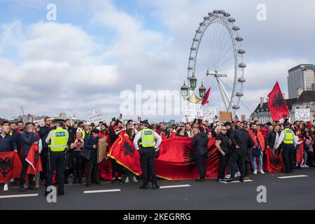 London, UK. 12th November, 2022. Thousands of Albanians protest on Westminster Bridge against comments made by Home Secretary Suella Braverman singling out Albanian asylum seekers. Albania's Prime Minister Edi Rama responded to her comments by accusing the Home Secretary of discriminating against Albanians and treating his citizens as scapegoats to 'excuse policy failures'. Credit: Mark Kerrison/Ģ����ý Live News Stock Photo