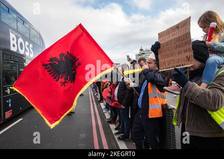 London, UK. 12th November, 2022. Thousands of Albanians protest on Westminster Bridge against comments made by Home Secretary Suella Braverman singling out Albanian asylum seekers. Albania's Prime Minister Edi Rama responded to her comments by accusing the Home Secretary of discriminating against Albanians and treating his citizens as scapegoats to 'excuse policy failures'. Credit: Mark Kerrison/Ģ����ý Live News Stock Photo
