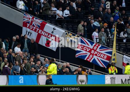 London, UK. 12th Nov, 2022. Tottenham Hotspur flags during the Premier League match Tottenham Hotspur vs Leeds United at Tottenham Hotspur Stadium, London, United Kingdom, 12th November 2022 (Photo by Richard Washbrooke/News Images) in London, United Kingdom on 11/12/2022. (Photo by Richard Washbrooke/News Images/Sipa USA) Credit: Sipa USA/Alamy Live News Stock Photo