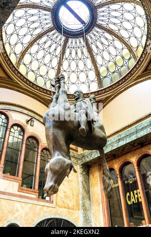 St. Wenceslas and his horse upside down sculpture by David Cerny in the Lucerna Passage, Prague, Czech Republic Stock Photo