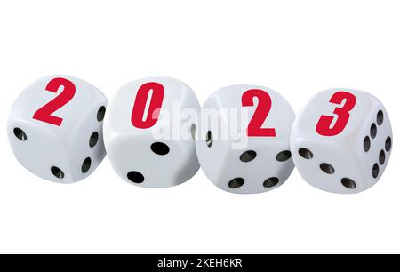 White dice cubes spelling 2023 in red numbers. Concept of new year which brings luck, good business and prosperity. Dices isolated on white background Stock Photo