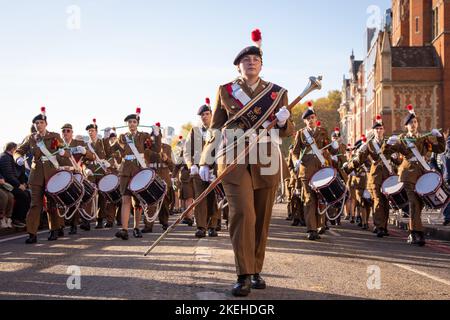 London, UK. 12th November 2022. The Royal Regiment of Fusiliers at the Lord Mayor's Show in honor of the newly elected, 694th Lord Mayor of the City of London, Alderman Nicholas Lyons. Credit: Kiki Streitberger/Alamy Live News Stock Photo