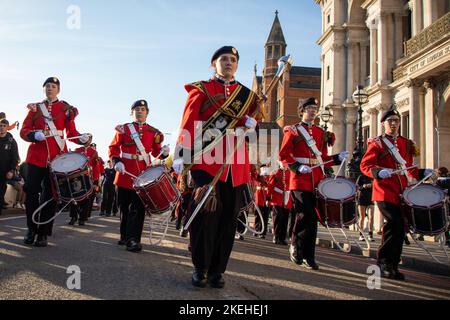 London, UK. 12th November 2022. Musicians from the St Dunstan's College Combined Cadet Force take part in the Lord Mayor’s Show in honor of the 694th Lord Mayor of the City of London, Alderman Nicholas Lyons. Credit: Kiki Streitberger/Alamy Live News Stock Photo