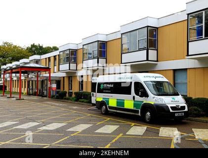 Queen Elizabeth Hospital, ERS Medical Ambulance, contracted to NHS, Kings Lynn, Norfolk, England Stock Photo