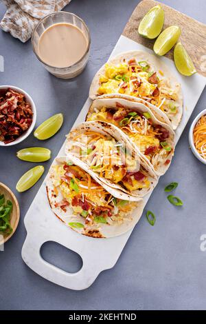 Breakfast tacos with hashbrowns, eggs and bacon