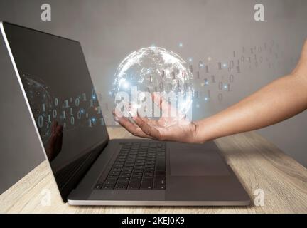 Zero One background in the hands of developers is a global representation of binaries, networks, and coding of programming fundamentals concepts. Stock Photo