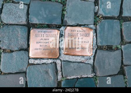 26 July 2022, Munster, Germany: Cobblestones Stolpersteine on a pedestrian path as memorial for died and deported jews victims during holocaust Stock Photo