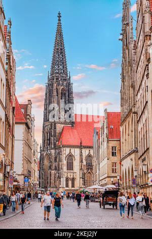 26 July 2022, Munster, Germany: Lamberti church belfry tower at Prinzipal market square Stock Photo