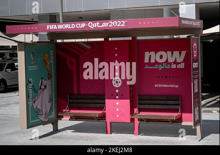 Doha, Qatar. 01st Nov, 2022. A bus stop foiled for the 2022 World Cup. Credit: Britta Pedersen/dpa/Alamy Live News Stock Photo