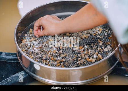 Child hand picking pebbles at the sieve at archaeological excavations or extraction of gold and other gems at the prospecting site. Muddy water in bac Stock Photo