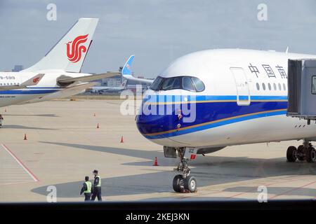 SHANGHAI, CHINA - NOVEMBER 4, 2022 - An Airbus A350 of China Southern Airlines is seen at Shanghai Hongqiao International Airport in Shanghai, China, Stock Photo