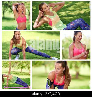 Dont forget to warm up. Composite image of an attractive young woman exercising outdoors. Stock Photo