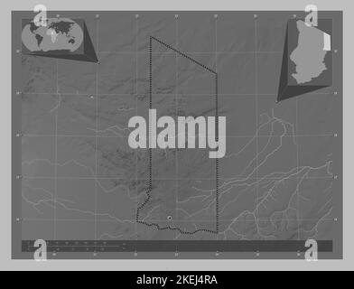 Ennedi Est, region of Chad. Grayscale elevation map with lakes and rivers. Locations of major cities of the region. Corner auxiliary location maps Stock Photo