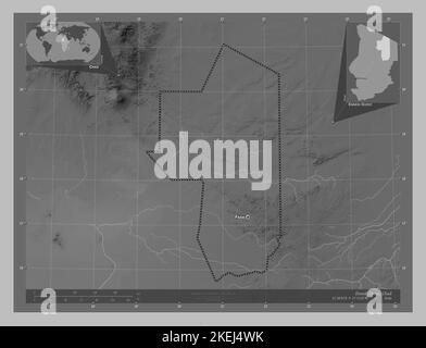 Ennedi Ouest, region of Chad. Grayscale elevation map with lakes and rivers. Locations and names of major cities of the region. Corner auxiliary locat Stock Photo