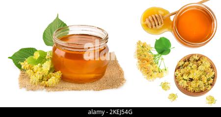 honey with Linden flowers isolated on white background with copy space for your text, Top view. Flat lay. Stock Photo