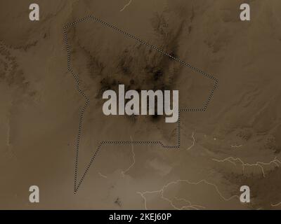 Tibesti, region of Chad. Elevation map colored in sepia tones with lakes and rivers Stock Photo