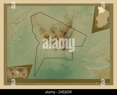 Tibesti, region of Chad. Colored elevation map with lakes and rivers. Corner auxiliary location maps Stock Photo