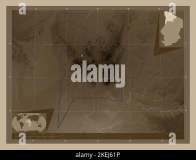 Tibesti, region of Chad. Elevation map colored in sepia tones with lakes and rivers. Locations of major cities of the region. Corner auxiliary locatio Stock Photo