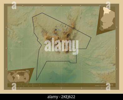 Tibesti, region of Chad. Colored elevation map with lakes and rivers. Locations and names of major cities of the region. Corner auxiliary location map Stock Photo