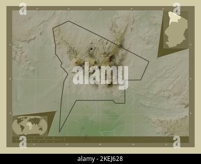 Tibesti, region of Chad. Elevation map colored in wiki style with lakes and rivers. Locations of major cities of the region. Corner auxiliary location Stock Photo