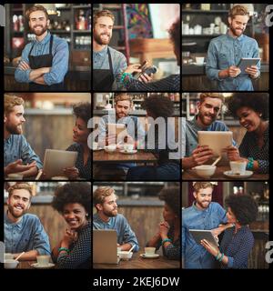 Meanwhile, in the bistro...Composite image of two young people in a coffee shop. Stock Photo