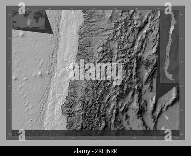 Atacama, region of Chile. Bilevel elevation map with lakes and rivers. Corner auxiliary location maps Stock Photo