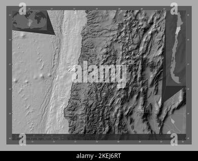 Atacama, region of Chile. Bilevel elevation map with lakes and rivers. Locations of major cities of the region. Corner auxiliary location maps Stock Photo