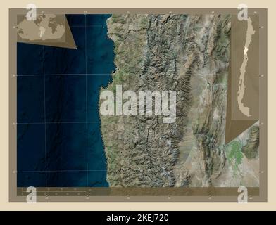 Coquimbo, region of Chile. High resolution satellite map. Locations of major cities of the region. Corner auxiliary location maps Stock Photo