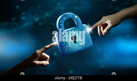 Businessman hands pointing Keyhole in data security. Cyber data and information privacy. Future technology security, Network protection, and Modern. Stock Photo
