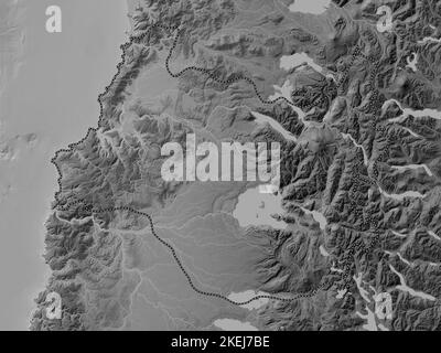 Los Rios, region of Chile. Grayscale elevation map with lakes and rivers Stock Photo
