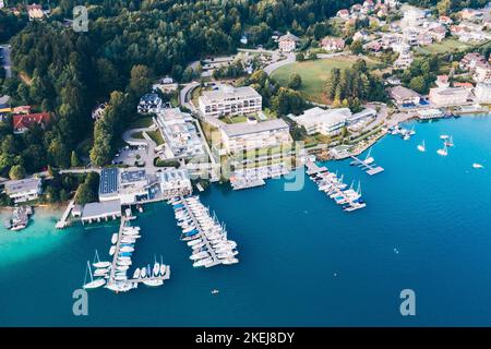 Aerial view to the Yacht harbour in Velden at the Lake Wörthersee in Carinthia, Austria. Famous luxury touristic summer holiday location. Stock Photo