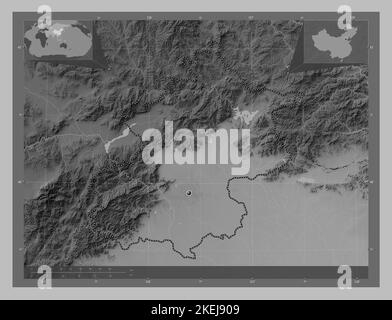 Beijing, municipality of China. Grayscale elevation map with lakes and rivers. Corner auxiliary location maps Stock Photo