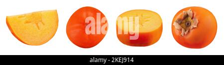 Fresh whole, half and sliced persimmon fruit isolated on white background. File contains clipping path. Stock Photo