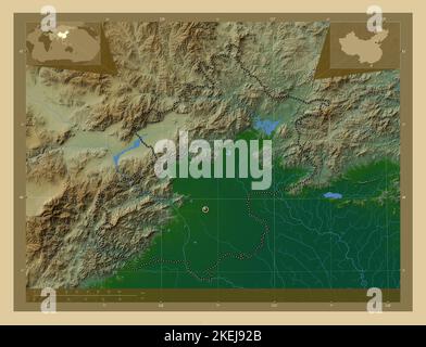 Beijing, municipality of China. Colored elevation map with lakes and rivers. Corner auxiliary location maps Stock Photo