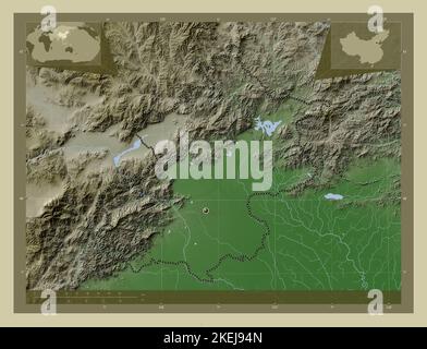 Beijing, municipality of China. Elevation map colored in wiki style with lakes and rivers. Corner auxiliary location maps Stock Photo