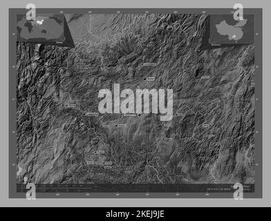 Guizhou, province of China. Bilevel elevation map with lakes and rivers. Locations and names of major cities of the region. Corner auxiliary location Stock Photo